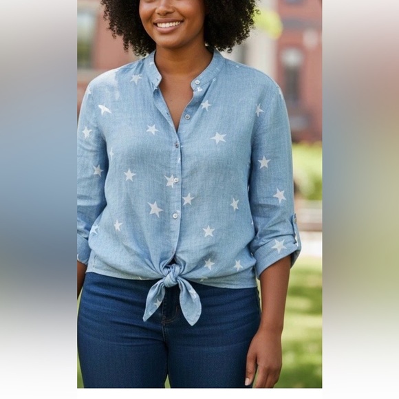 John Mark Tops - Women's Light Blue Star Linen Tie-Front Shirt